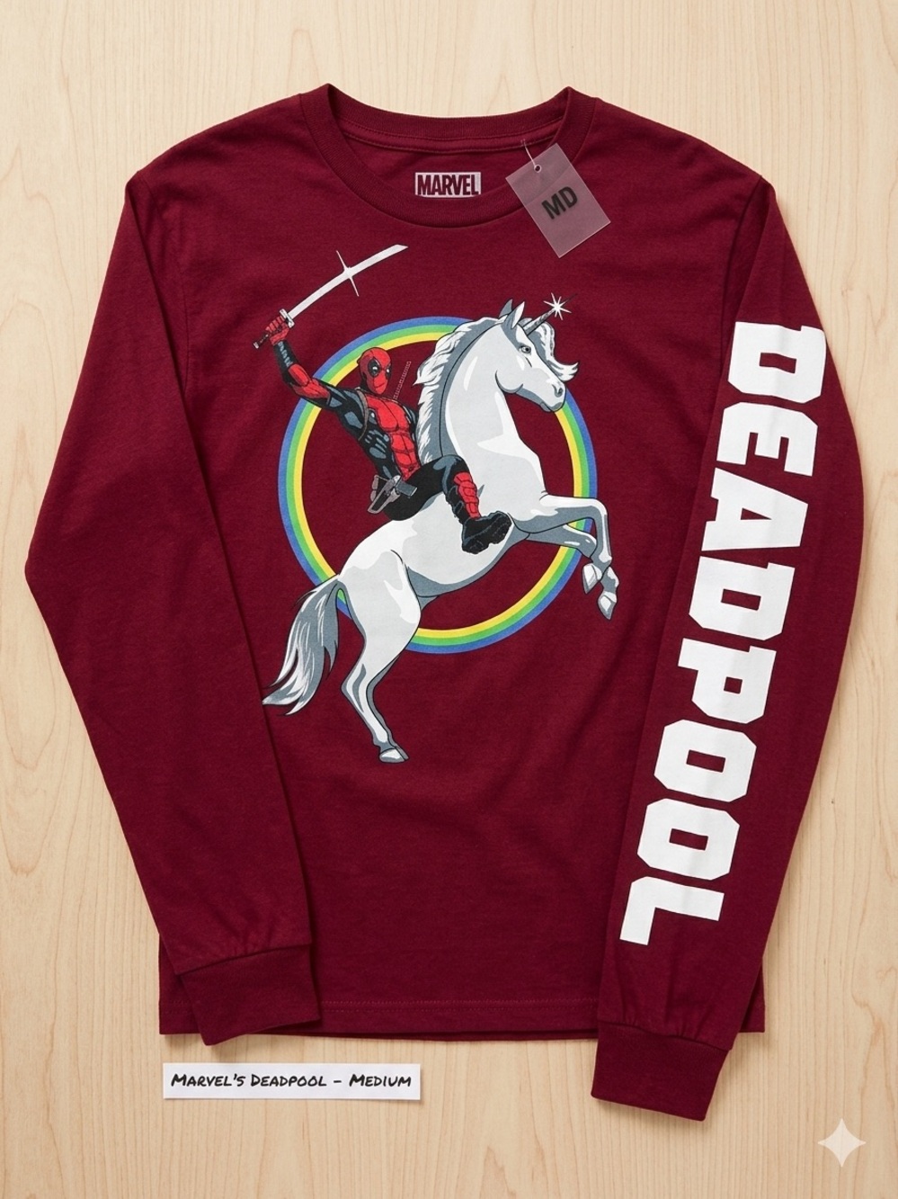 Marvel Deadpool Riding Unicorn Rainbow Long Sleeve Graphic Tee Maroon Medium